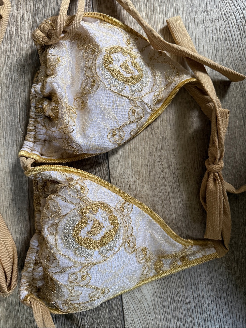 NWOT Luli Fama Tan and Gold Embroidered Bikini Set DD top/Medium Bottom - Picture 3 of 5